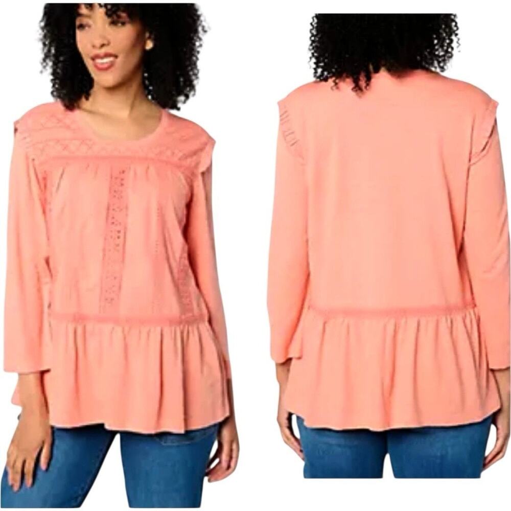 LOGO Lavish by Lori Goldstein 3/4 Sleeve Scoop Neck Lace Mix Top size Med NWT